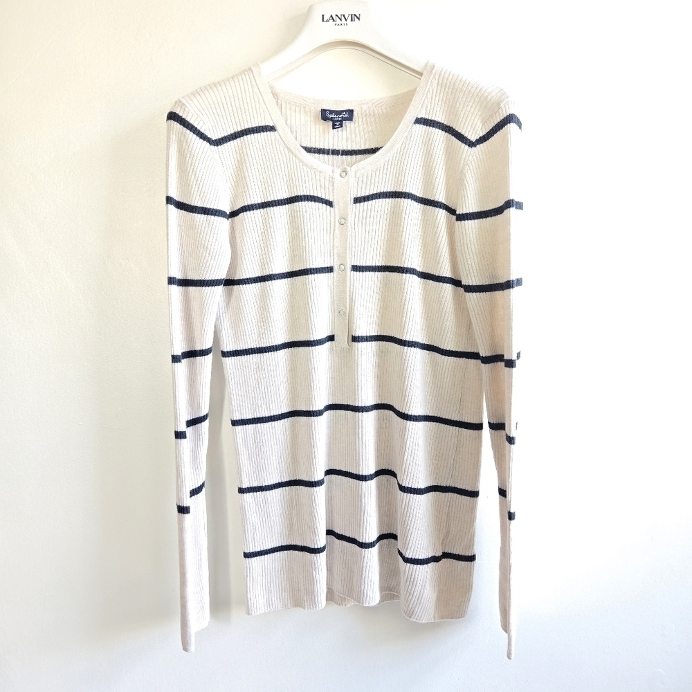 New Splendid Henley Ribbed Striped Long Sleeve Cream/Navy Pullover Sweater Large